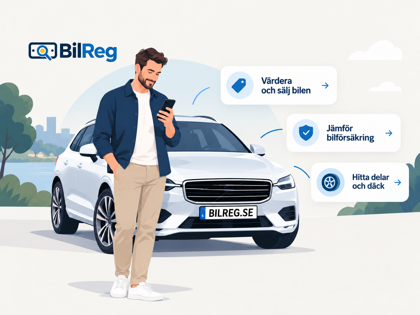 Illustration av bilägare med en bil märkt BILREG.SE och tjänster för värdering, försäkring samt delar och däck.